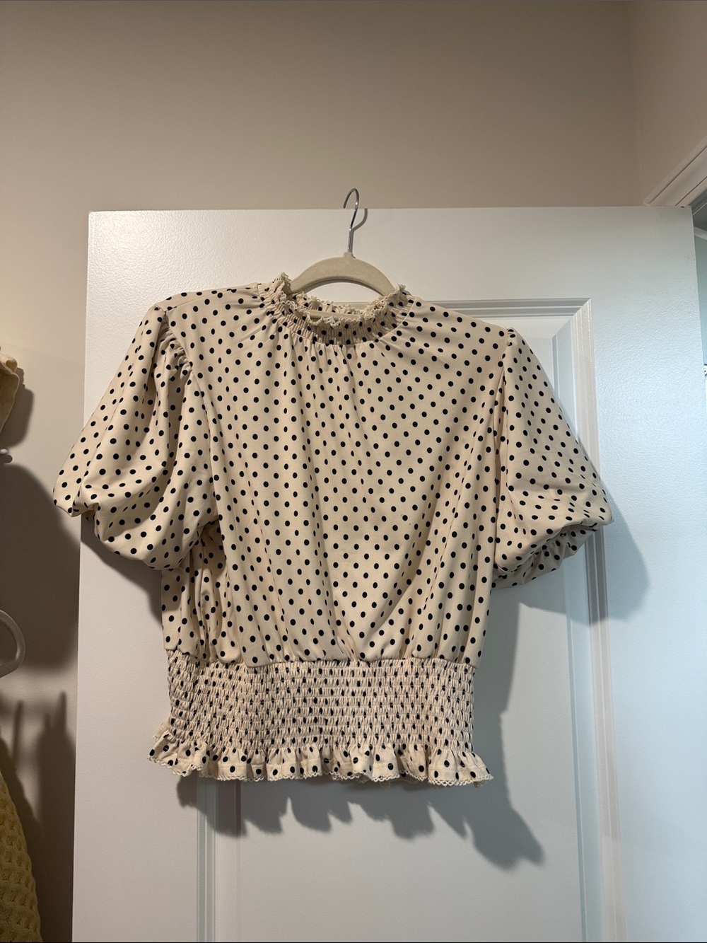 Cupcakes and cashmere polka dot ruffled shirt puffy sleeves